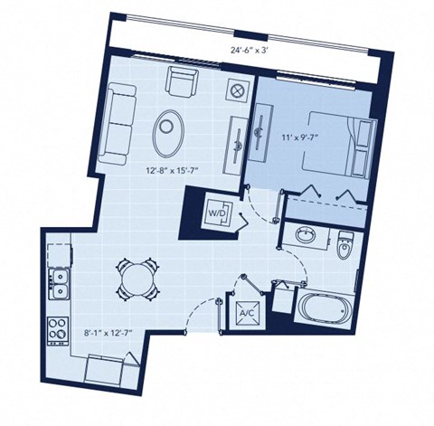 Floor plan for 1 bed, 1 bath, 675 sqft